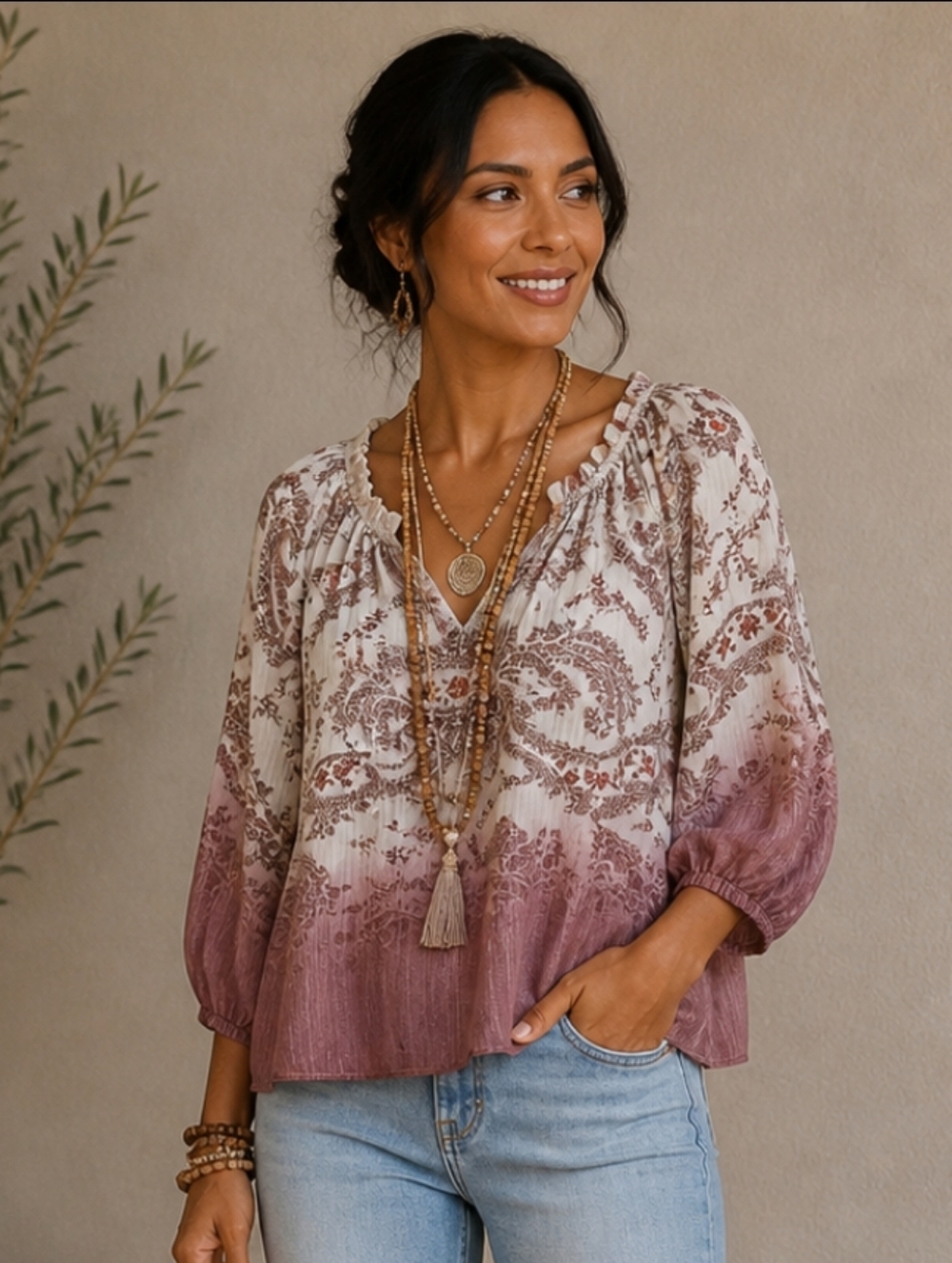 Sonoma Boho Cottagecore Cream and Mauve Paisley V-Neck Peasant Blouse